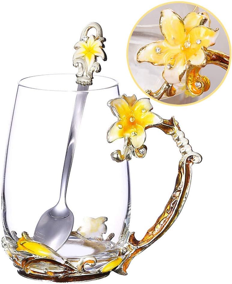 Tea Cup, Coffee Mug Cups, Clear Glass Coffee Cups Tea Mugs with Spoon Set Handmade Enamel Lily Flower,13 oz (Yellow Lily) Ideal for Friend Birthday Presents …