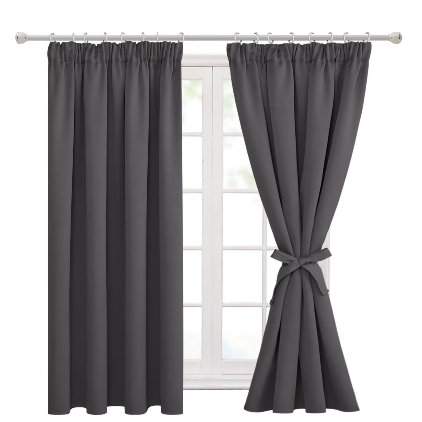 Hiasan Pencil Pleat Blackout Thermal Insulated Curtains, Bedroom and Living Room with Tiebacks, Energy Saving and Noise Reducing, 2 Panels, 66 x 54 Inch, Dark Grey