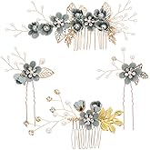 Kisangel Rhinestone Pearl Hair Accessories - 4pcs Floral Hair Combs, Hair Clips, and Wedding Hair Comb Set for Brides (Green)