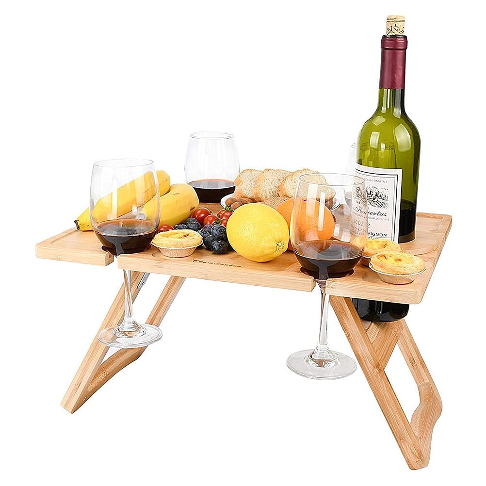 Yolluu Outdoor Wine Picnic Table, Deluxe Wooden Drinks Table Portable Bamboo Snack & Cheese,with Wine Glasses Holder for Outdoor Garden Concerts at Park Beach,Collapsible Table