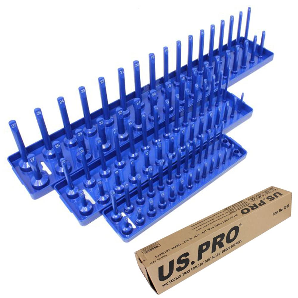 US Pro 3 Pce Socket Storage Rack Tray for 1/4, 3/8, and 1/2 inch Sockets