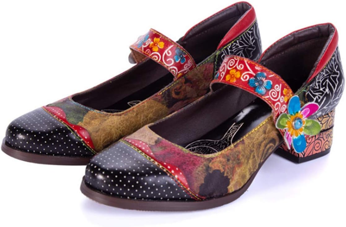 CrazycatZ Womens Leather Mary Jane Shoes Colorful Patchword Block Heel Pumps Vintage Mary Jane Shoes
