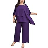 Hanna Nikole Plus Size Mother of Bride Pant Suits 2 Piece Chiffon Sets Ruffle Layers Wedding Guest Outfit