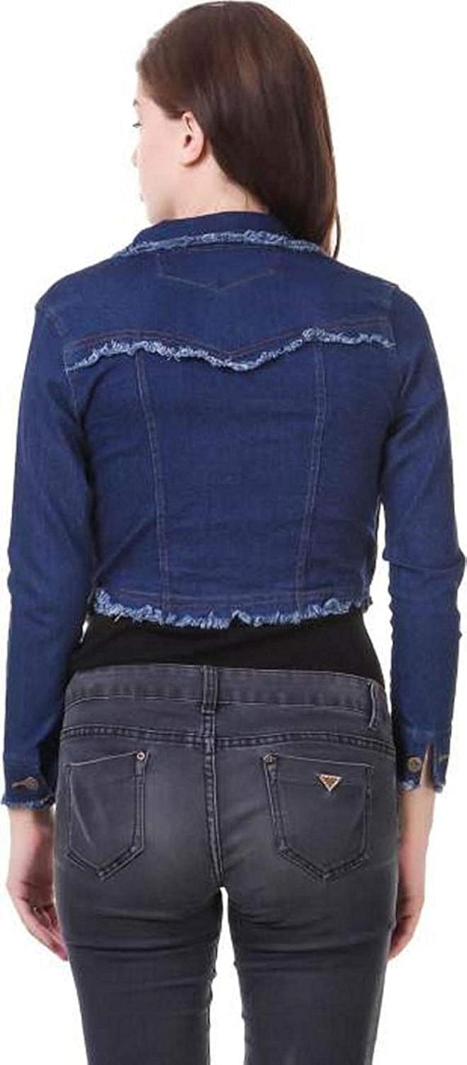 kanzul denim solid dark blue 3/4 sleeves regular collar women jacket