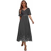 RSOPUB Tea Length Mother of The Bride Dresses for Wedding Lace Beaded Formal Evening Dress with Sleeves