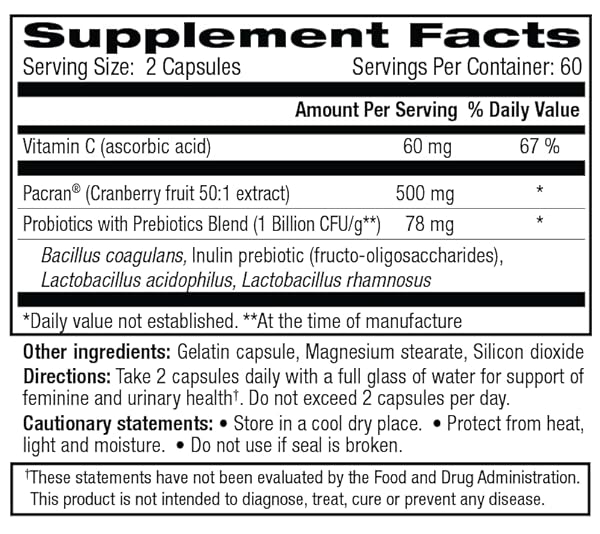 VH ESSENTIALS PROBIOTICS FOR WOMEN WITH PREBIOTICS, CRANBERRY & VITAMIN C – 120 CAPSULES (60 DAY SUPPLY) -PROBIOTICS SUPPORT GUT BALANCE, HEALTH & URINARY TRACT HEALTH FOR WOMEN
