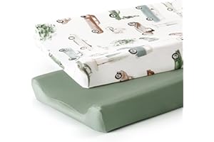 GRSSDER Stretchy Ultra Soft Jersey Knit Changing Pad Cover Set 2 Pack, Change Table Pad Covers Fit 32"/34" x 16" Pads Safe and Snug, Pretty Diaper Changing Pad Covers of Car Print