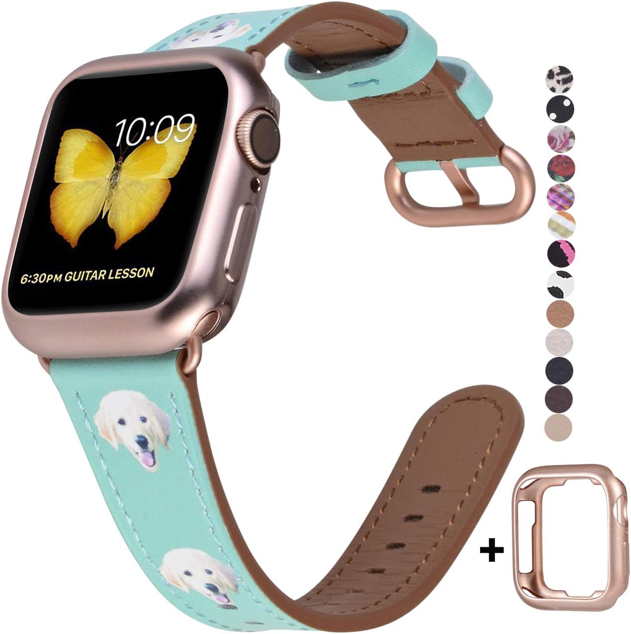 JSGJMY Leather Band Compatible with Apple Watch 38mm 40mm 41mm 42mm 44mm 45mm Women Men Strap for iWatch SE Series 7 6 5 4 3 2 1(Green Leather/Cute Dog with Rose Gold Clasp,38mm/40mm/41mm S/M)
