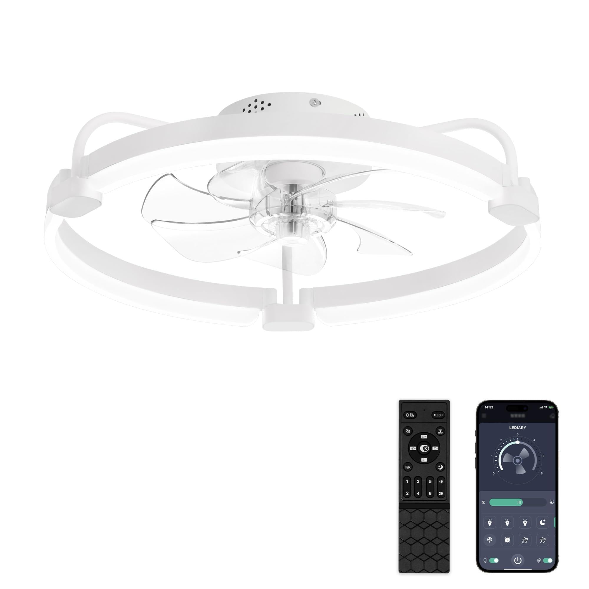 LEDIARY Ceiling Fans with Lights and Remote, 20'' Low Profile Ceiling Fan with Light, 3000-6000K Dimmable Fandelier LED Fan Light, 6 Wind Speeds, Gold Modern Flush Mount Ceiling Fan for Bedroom Image