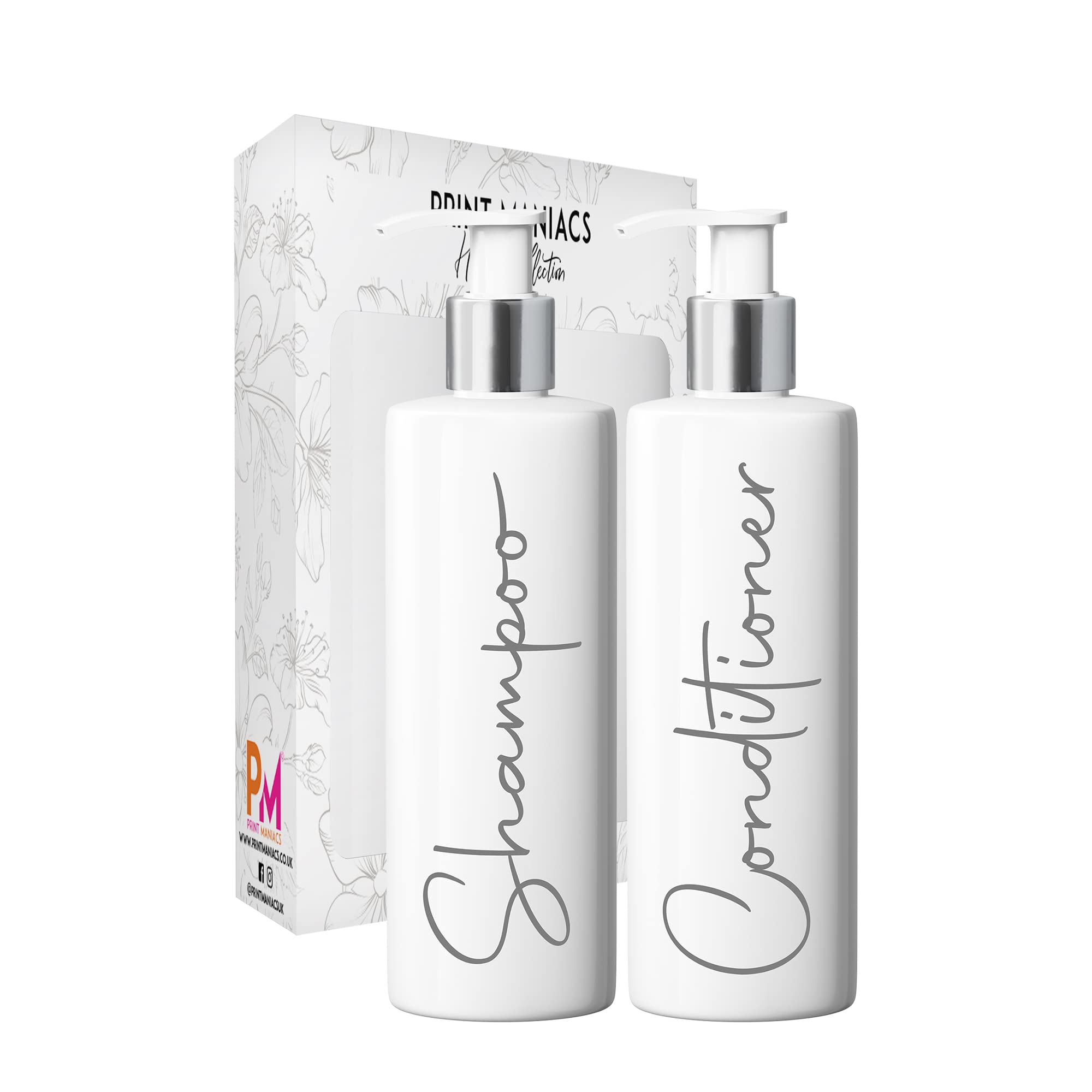 Print Maniacs Mrs Hinch Inspired White Personalised Dispenser Pump Bottles Shampoo Conditioner 2 Set F2 (Grey)