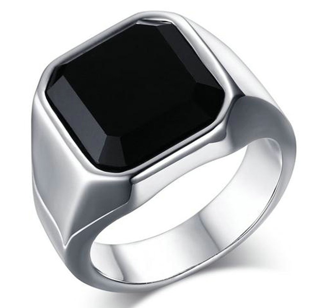 AmDxD Jewelry Stainless Steel Men's Silver Engagement Rings Black Square Agate,Simple Size X 1/2