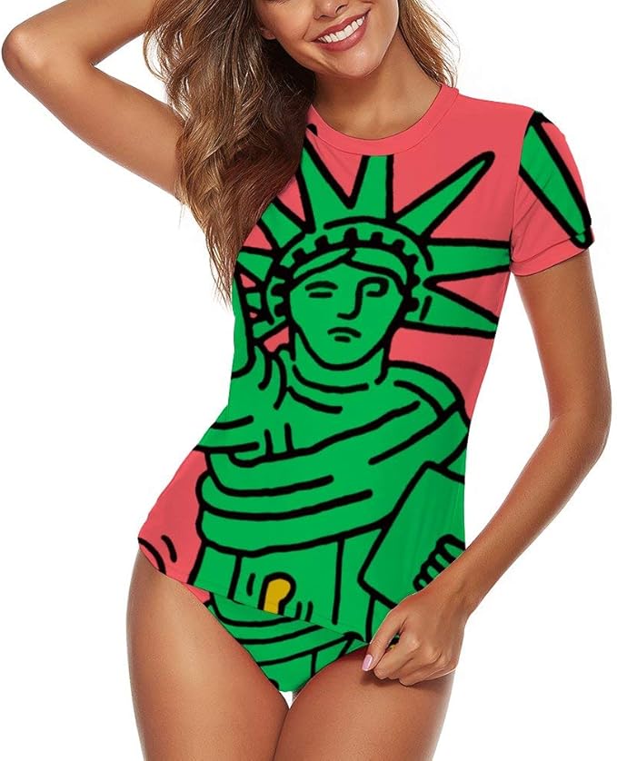 Amazon 自由の女神 キース ヘリング レディース ビキニ 半袖 フィットネス水着 セパレート ラッシュガード 2点セット 体型カバー 体型補正 紫外線防止 速乾吸水 スイムウエア ビキニ セパレーツ 通販