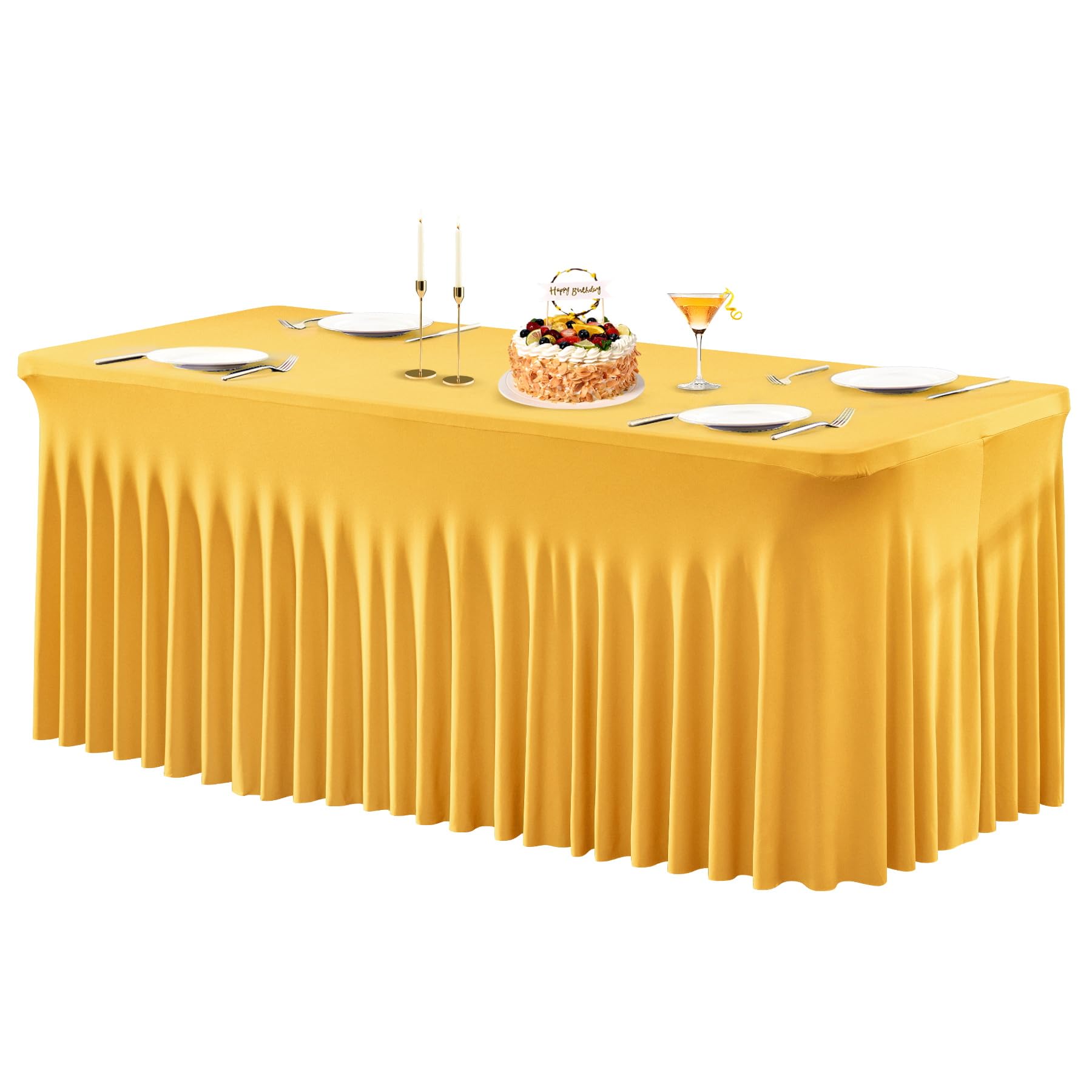 PARTISKY Golden Table Skirts for Rectangle Tables 6ft Spandex Table ...
