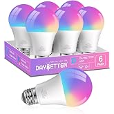 DAYBETTER A19 E26 Smart Light Bulbs,Compatible with Alexa &amp; Google Home | DayBetter App, 6 Pack 800LM 60W Equivalent,Dimmable RGB+CCT Color Changing,2.4GHz WiFi &amp; Bluetooth,Music Sync,Preset Scenes