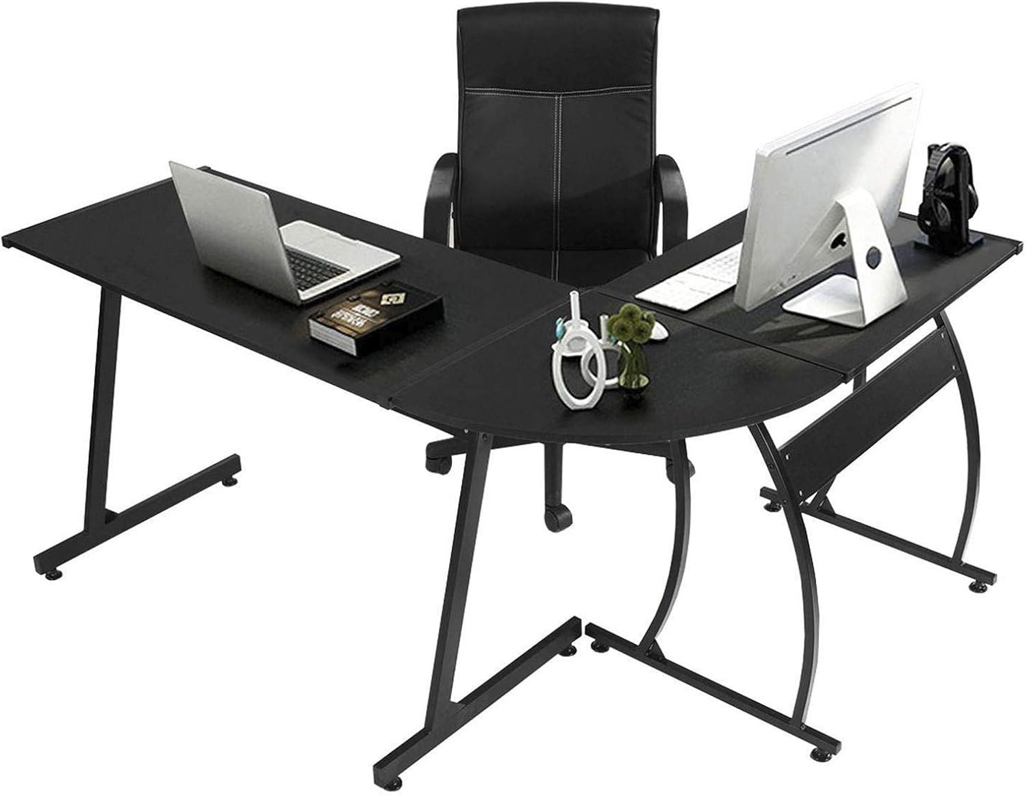 GreenForest L-Shaped Corner Desk Computer Gaming Desk PC Table,Home Office Writing Workstation 3-Piece,Black: Furniture & Decor
