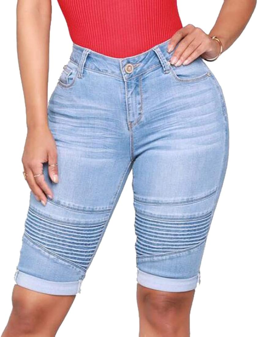 elastic denim shorts