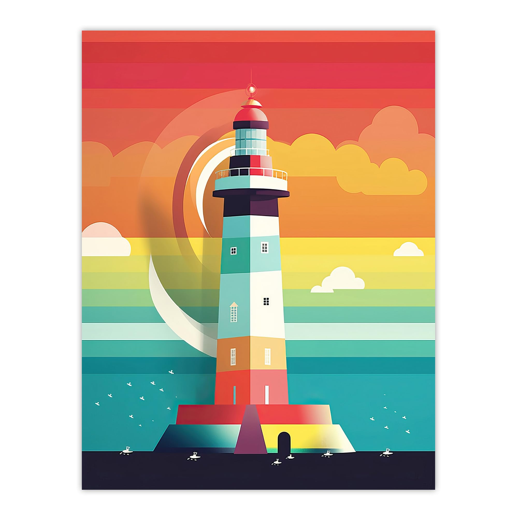 Artery8 Lighthouse Mid Century Modern Colourful Flat Style Bathroom Art Kids Cheerful Large Wall Art Poster Print Thick Paper 18X24 Inch
