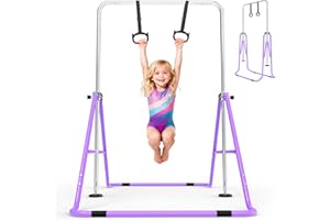 FINCOME Gymnastics Bar for Kids with Gymnastics Rings, Height Adjustable Gymnastics Horizontal Bar, Foldable Bar Gymnastics Equipment for Home Room Indoor Outdoor Gym Practics, Gymnastic Bar