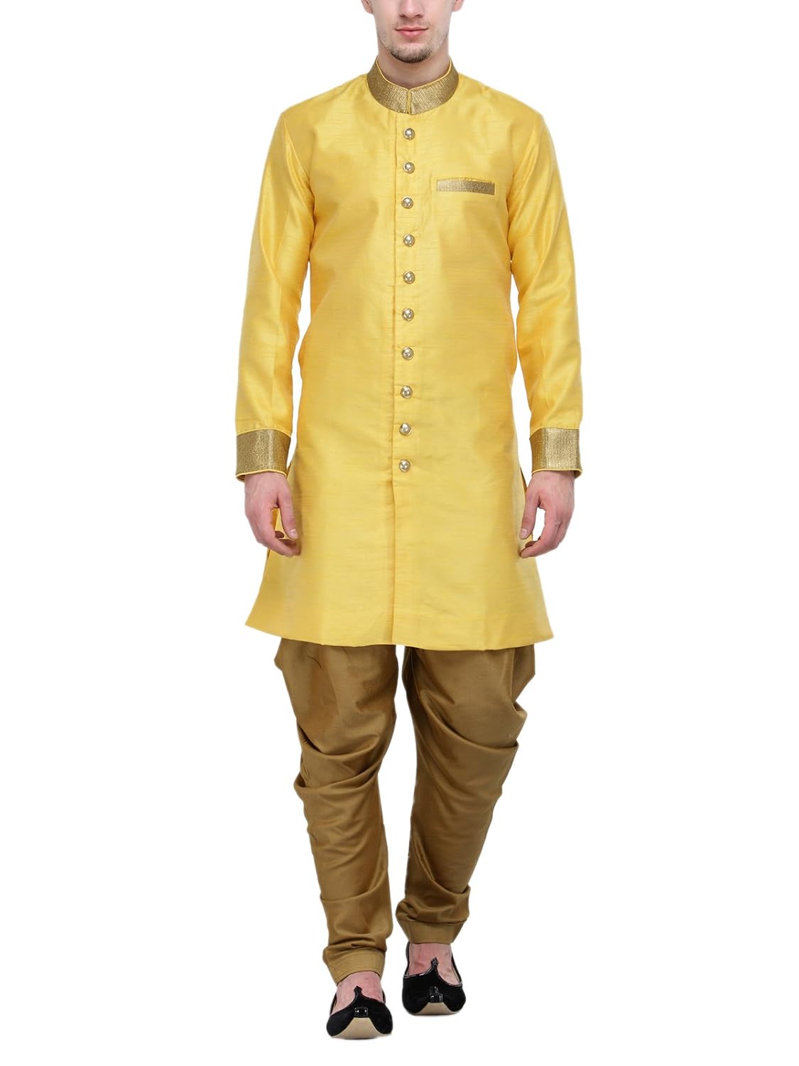 rg designers yellow and gold plain sherwani for men