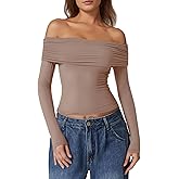 QINSEN Womens Off The Shoulder Tops Double Lined Long Sleeve T Shirts Slim Fitted Stretchy Crop Top