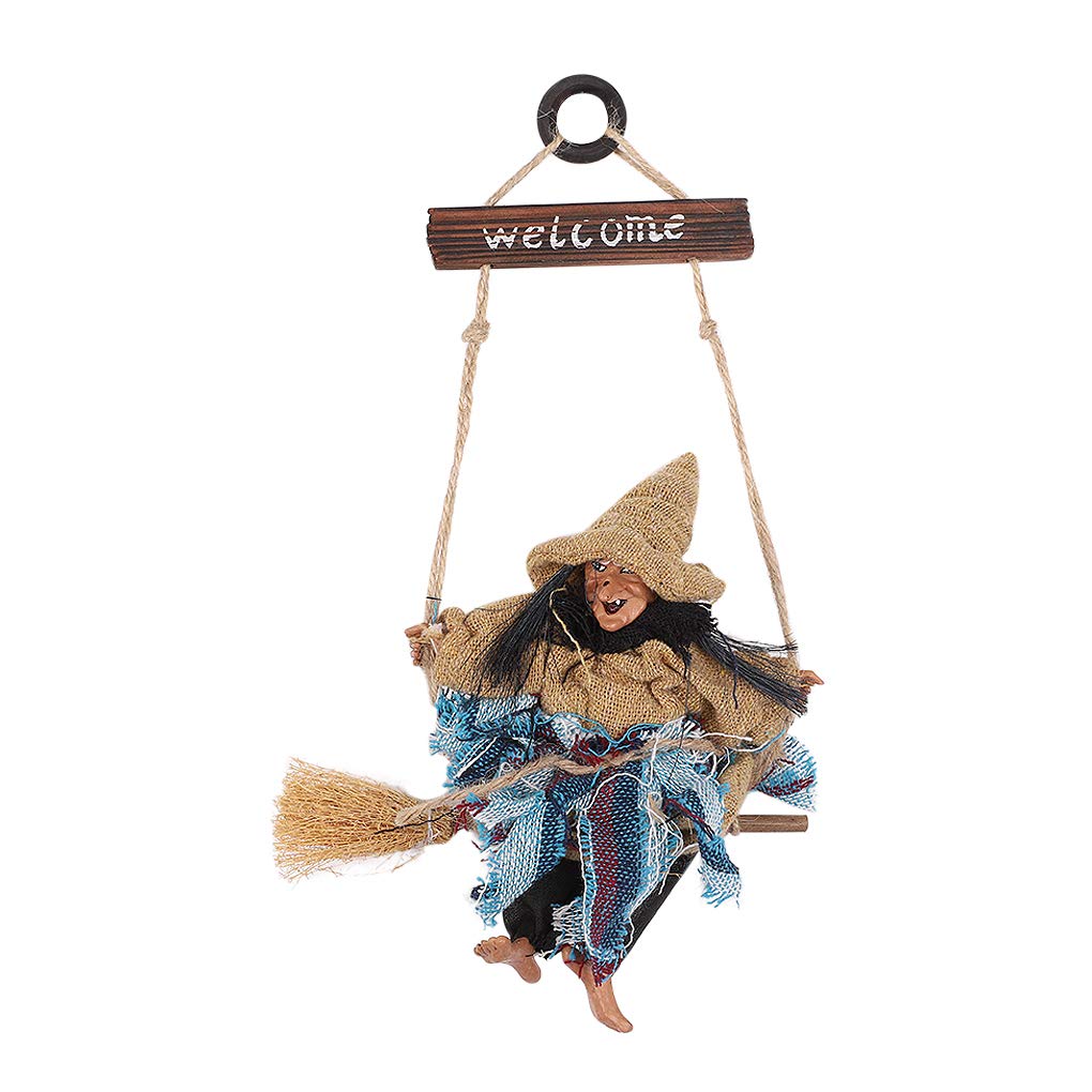 Witch on Broom Halloween Hanging Doll with Welcome Plaque Creepy Halloween Decoration Props for Front Door Haunted House Bar Restaurant KTV Décor Hanging Scary Ghost Party Decor