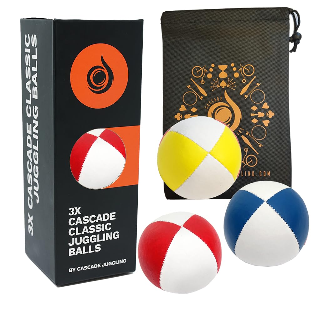 Cascade Juggling 3 x Pro 115g Cascade Classic Juggling Balls - Thud Juggling Balls & Bag - Set of 3 Juggling Balls - Red,Blue,Yellow/ White