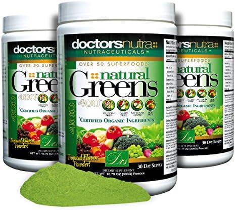 (Pack of 3) Natural Greens Juice Drink Super Food by Doctors Nutra Nutraceuticals, 10.79 Ounces (306 Grams) with Certified Organic Ingredients - 50 Vegetarian Superfoods - no Gluten, Tropical Flavor