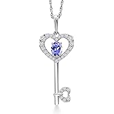 Gem Stone King Heart Shape Key Pendant Necklace For Women | 10K White Gold | Customized and Personalized 8X3MM Oval Gemstone Birthstone and White Lab Grown Diamond | With 18 Inch Chain