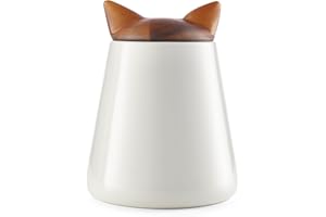 NAMBE Nambé Cat Treat Jar - 5.5” x 7”, Decorative Feline Storage Container with Acacia Wood Lid & Porcelain Base - Airtight Countertop Jar for Pet Treats, Snacks & Kitchen Décor