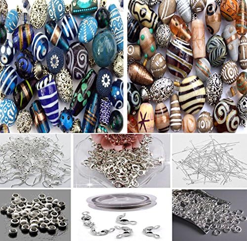 Approx X 400 Jewelry Making Wooden Glass Tibetan Beads Mix in Blue Cream & Jewelry Findings