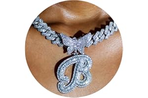 JNCTCOE Cuban Link Chain for Women Cursive Silver Initial 14MM Diamond Prong Cuban Chain Hip Hop Iced Out Chain Necklace Butterfly Initial Letter Name Necklaces for Women