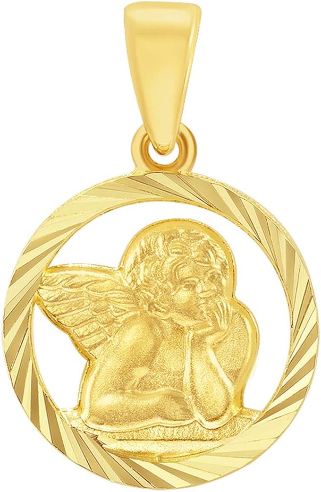14k Yellow Gold Textured Open Round Guardian Angel Pendant Amazon.co