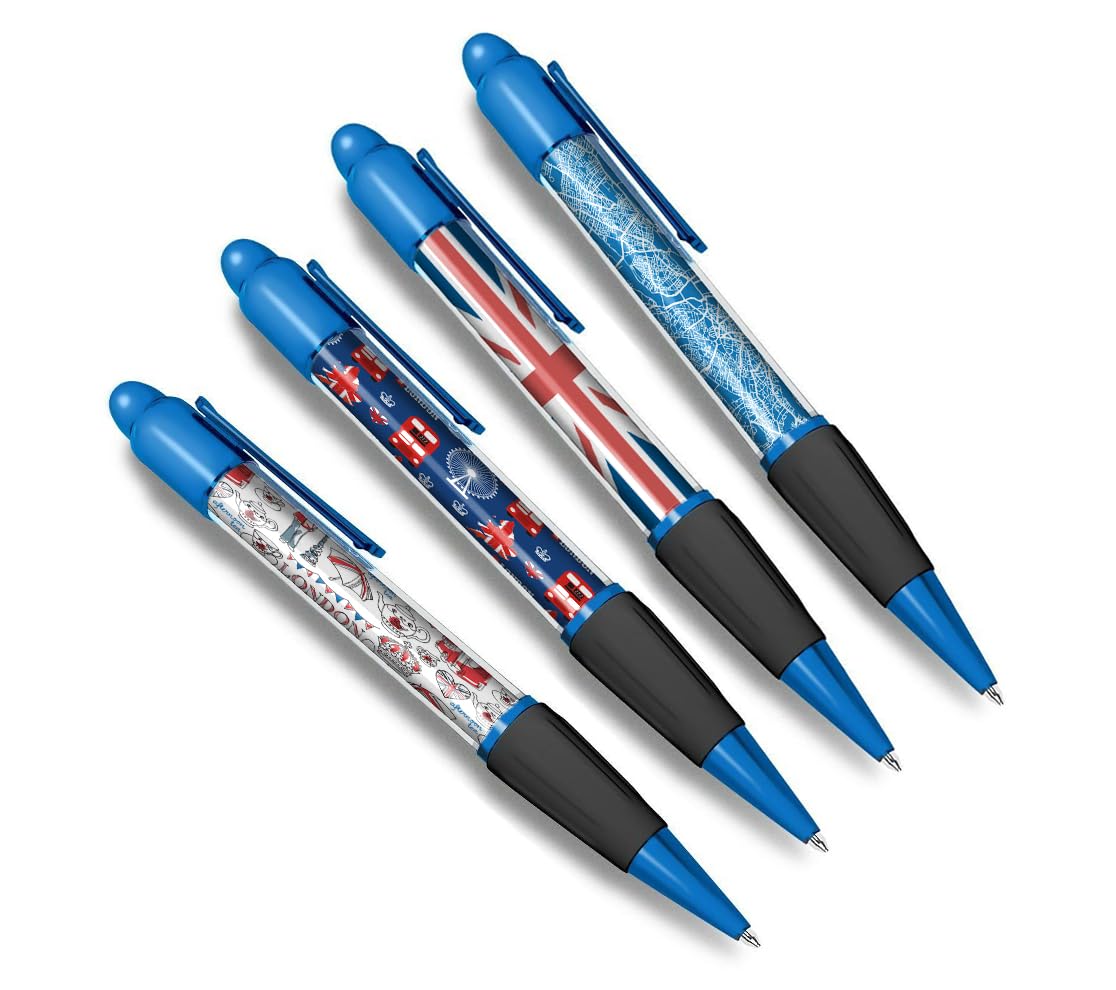 DV DESIGN Set of 4 London Blue Ballpoint Pens - England GB Union Jack City Pattern Travel Holiday Theme Boys Girls Men Women Pen Black Ink #81374