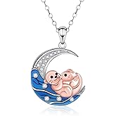 Helonley Moon Otter Necklace for Women - 925 Sterling Silver Otter Wave Necklace CZ Sea Animal Pendant Jewelry Gift