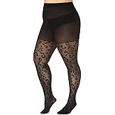 WiliW Polka Dot Plus Size Tights for Women, 40D Patterned Tights High Waist Control Top Black Sheer Pantyhose