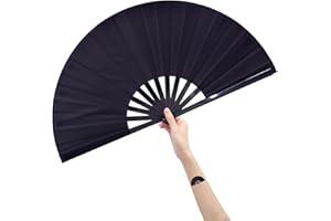 Amajiji Large Folding Fan, Chinease/Japanese Folding Nylon-Cloth Hand Fan, Women Hand Folding Fans Hand Fan Gift fan Craft fan Folding Fan Dance Fan (Black)
