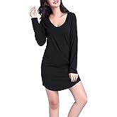 Chamllymers Women's Black Long Sleeve Tee Shirt V Neck Cotton Sleepwear Nightgowns