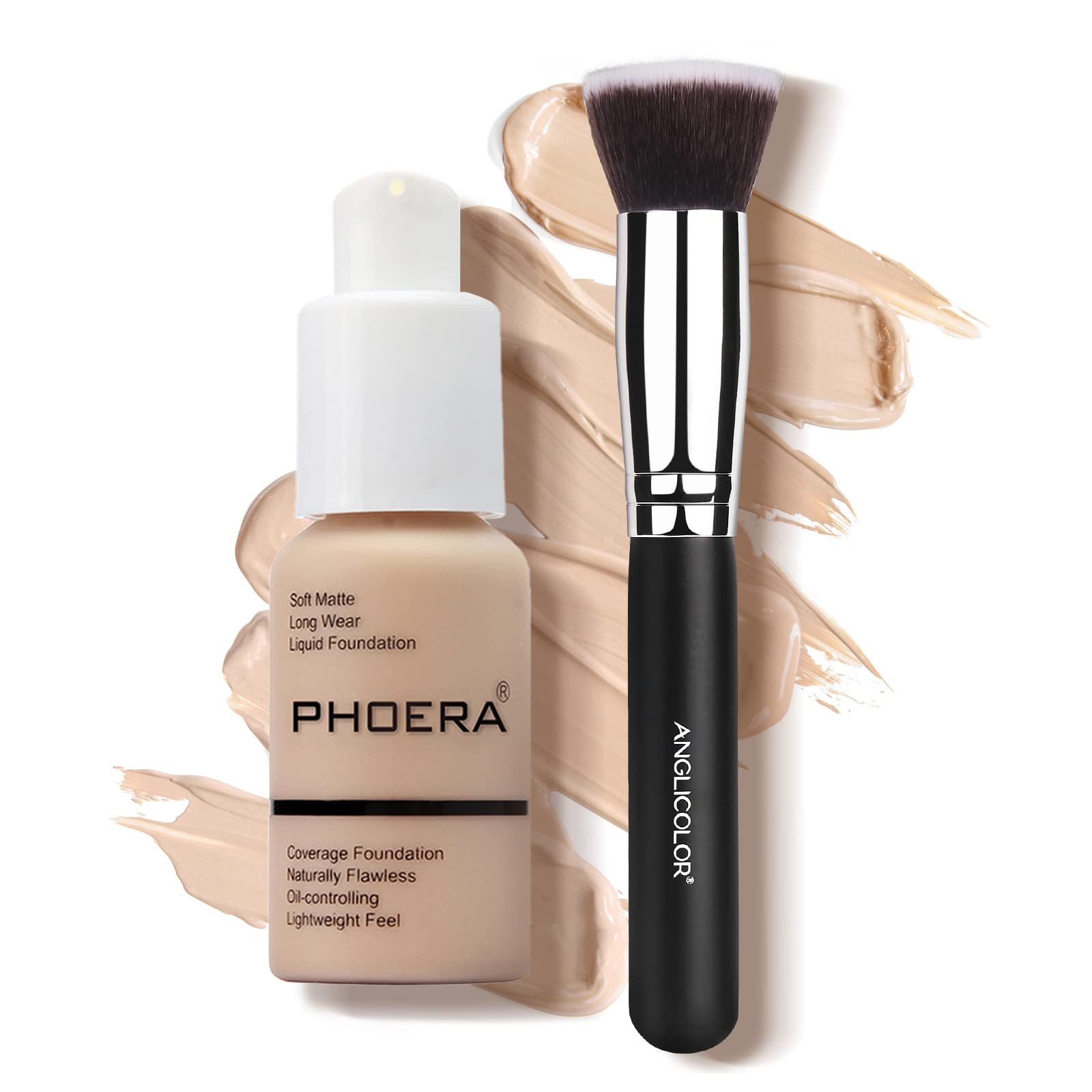 Junhe PHOERA Foundation Liquid 30ml,Foundation Full Coverage 24HR Matte Oil Control Concealer Foundation With foundation Brush,Flawless Cream Smooth Brighten Long Lasting (102 with brush)