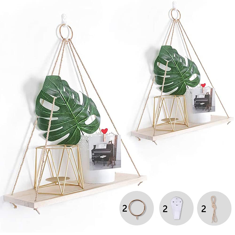 Qanye 2 Pieces Farmhouse Shelves, Swing Rope Floating Shelf, Rustic Rope Hanging Shelf, Distressed Wood Hanging Shelves, with 2 Metal Ring and 2 Hook, Home Decoration for Kitchen Bedroom Office