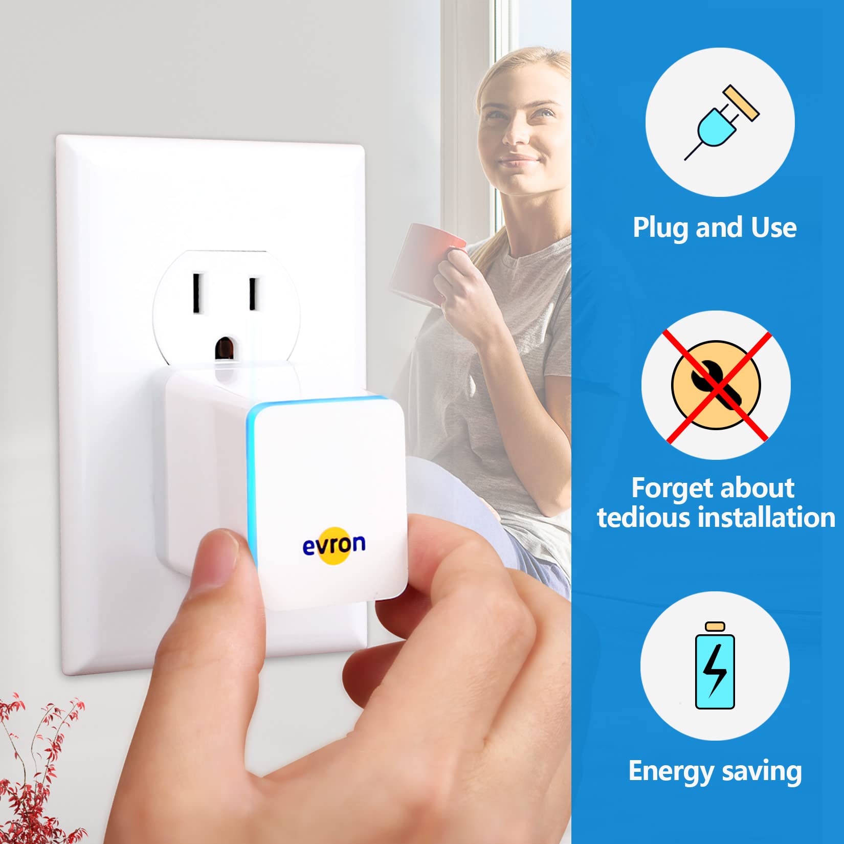 evron Plug-In Air Ionizer for Home & Travel, 20 Million Negative Ions/sec, Compact & Foldable Prongs, No Filter Needed, Quiet Odor Eliminator for Room, Pet, Bathroom, Hotel (Blue light 1 Pack)