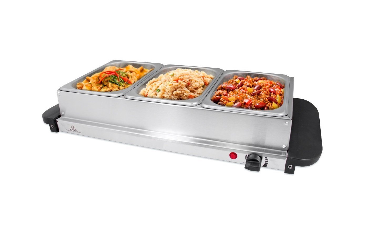 Invero® Compact 3-Section Stainless Steel Food Buffet Server and Warming Hotplate Tray with Adjustable Temperature Control, Clear Lids and Cool Touch Handles - 200W