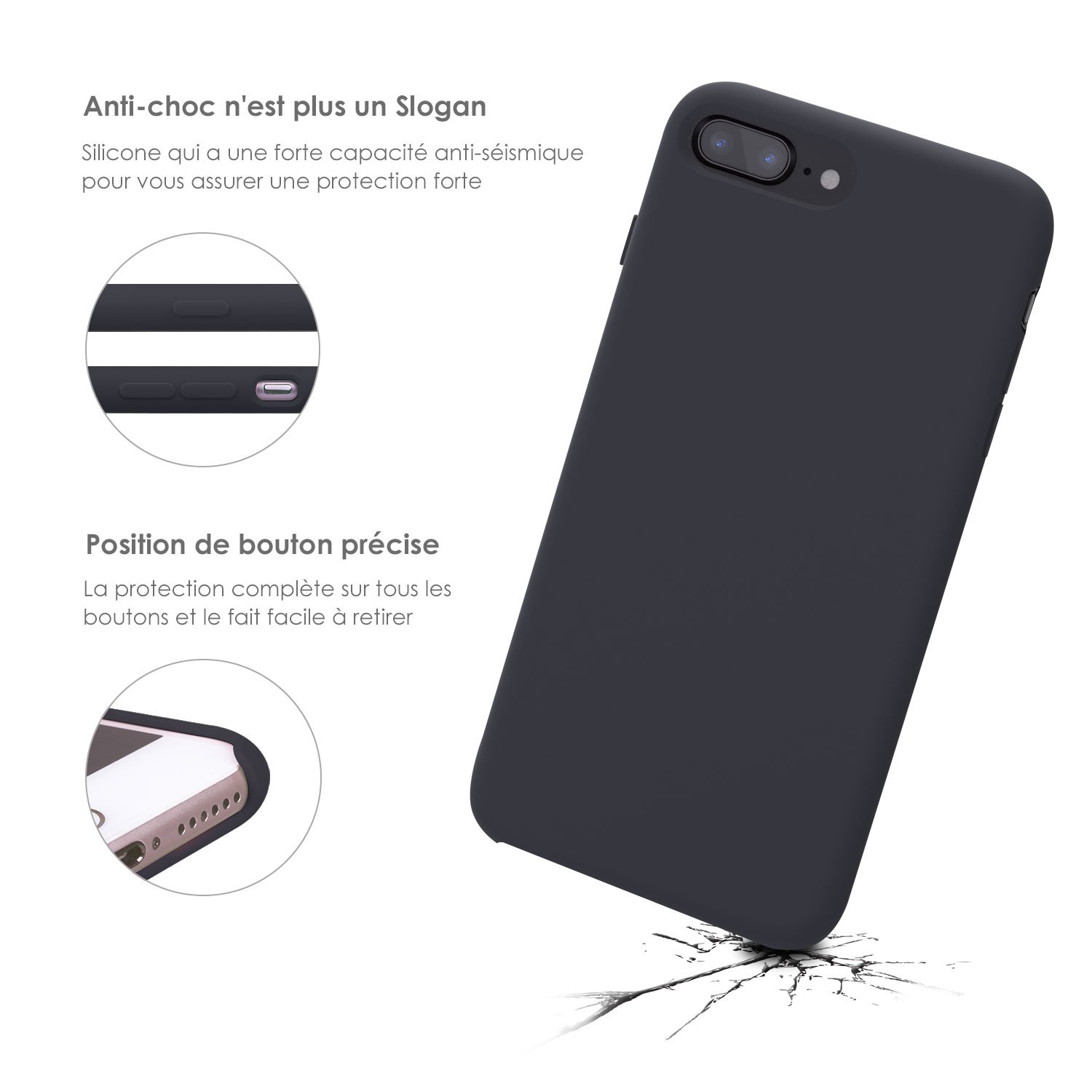 Coque iPhone 7 plus / 8 plus, JASBON Coque Silicone Liquide Anti-rayure avec Protecteur d\'écran Gratuit, Housse Protection Anti-patinage Case de Style Classique pour iPhone 7 plus / 8 plus – Noir