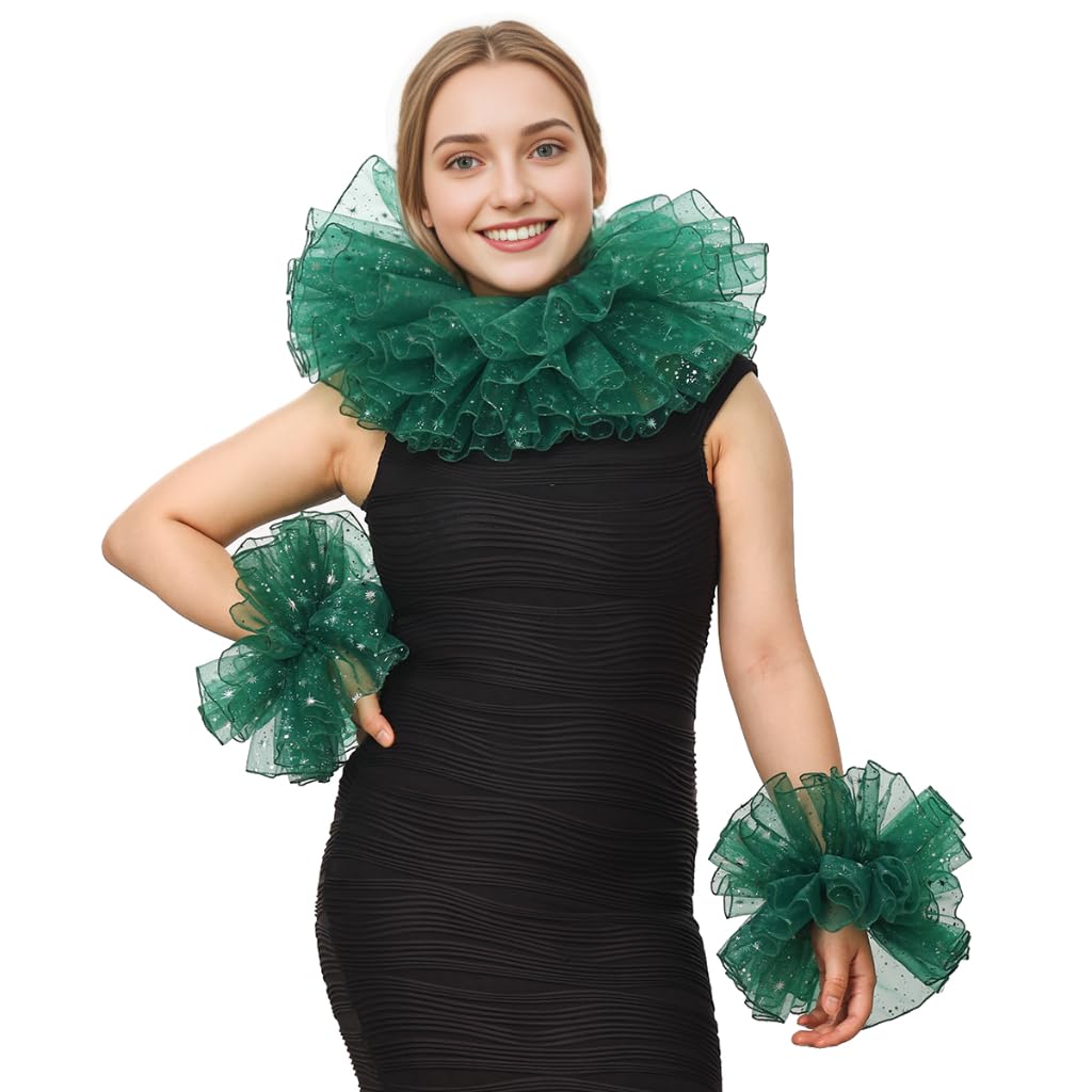 BPURB Renaissance Victorian Ruffle Collar and Wrist Cuffs Set Organza Layered Clown Choker Neck Collar Cuff (Green)