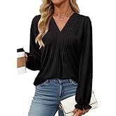 Dokotoo Business Casual Tops for Women Trendy Long Sleeve Black Blouses Fall Smocked Tunic Tops Fashion V Neck Shirts Casual Loose Pleated T-Shirts X-Large