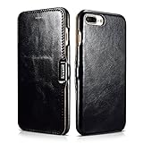 iPhone 7/8 Plus Leather Case, Icarercase Genuine Vintage Leather Side Open Case in Slim Thin Design, Flip Folio Style Cover with Magnetic Closure for Apple iPhone 7/8 Plus 5.5 Inch (Black)