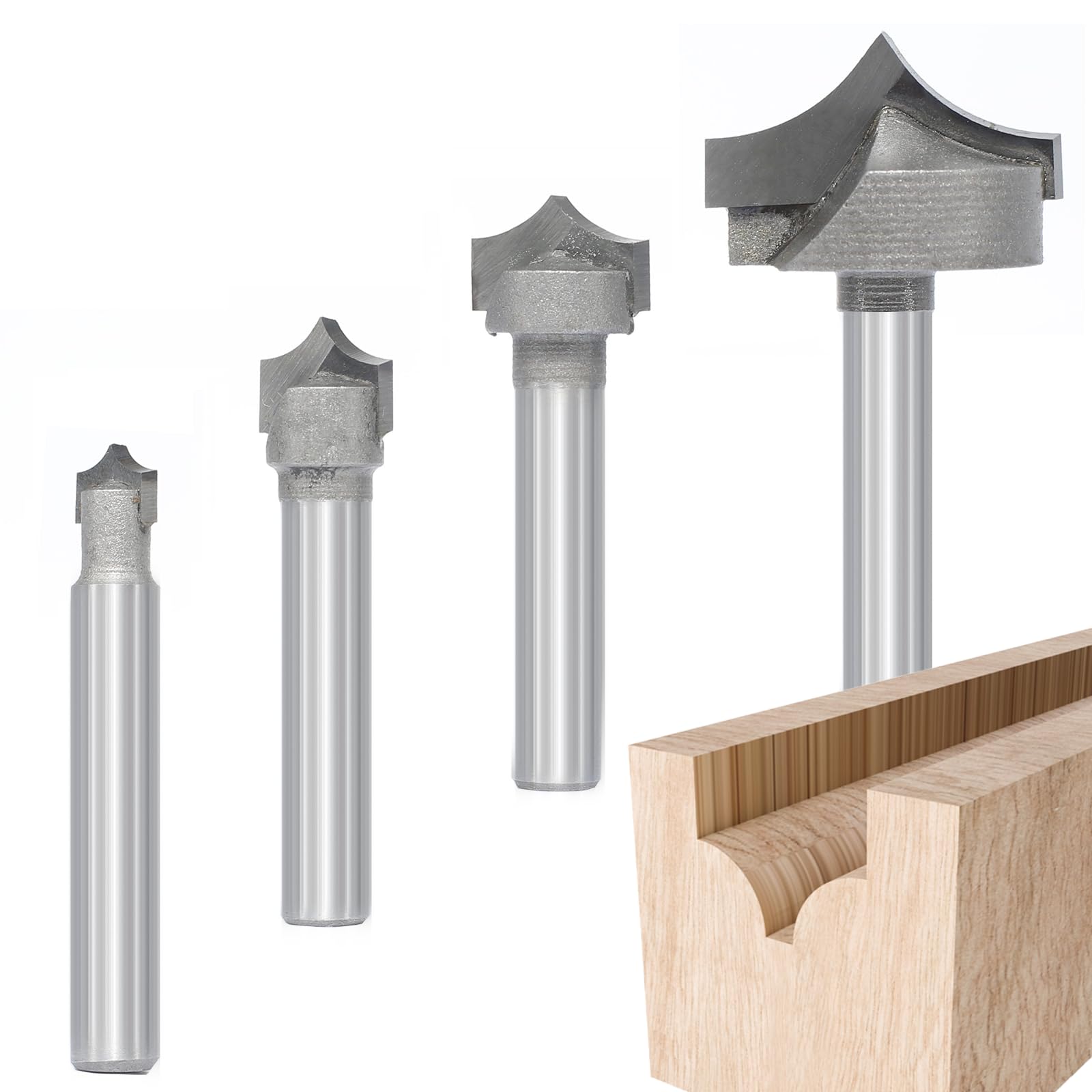 4pcs Point Cutting Roundover Router Bit Set,1/4" Shank,Cutting Dia. 3/8“,3/8",1/2" and 1",Round-Over Plunge Cutter for Wood Engraving, 2D and 3D Carving