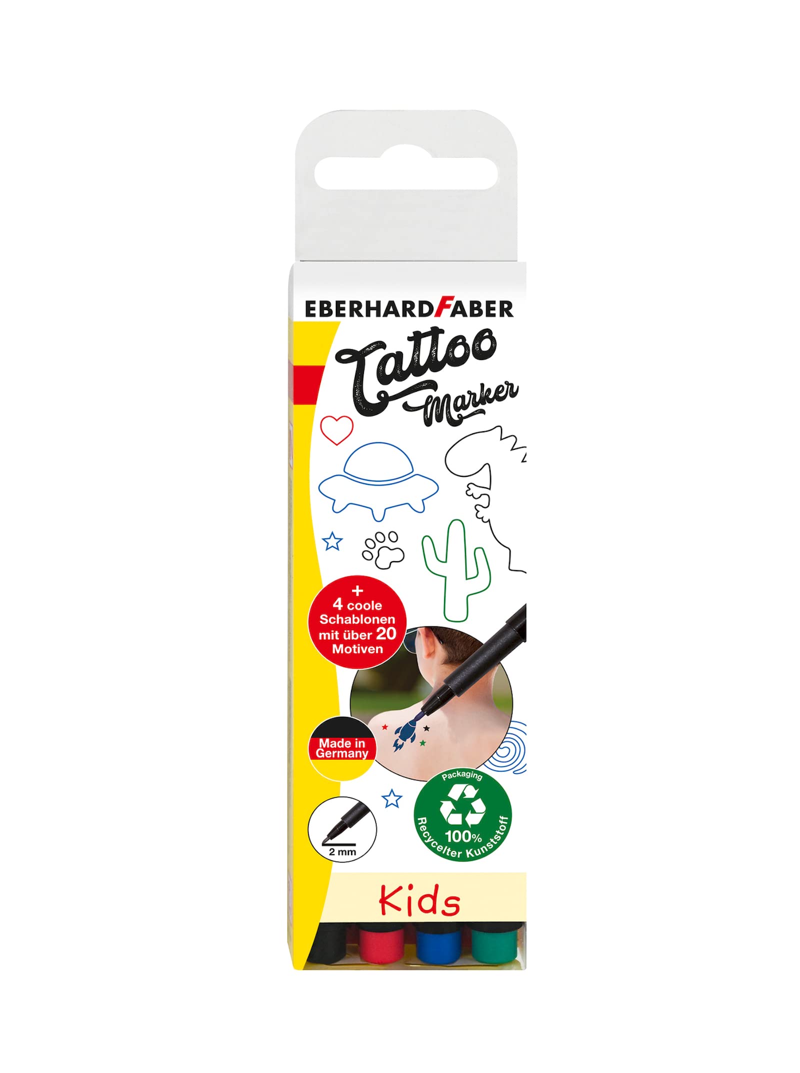 Eberhard Faber 559504 Tattoo Pen Set Kids with 4 Markers, Pens in Different Colours with 4 Stencils, in Case, Washable, for Creative Design of the Skin