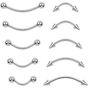 Foyods 10 Pcs Eyebrow Piercing Jewelry Set – 16 g Surgical Steel Curved Barbell, Silver Vertical Labret Lip Jewelry, Tiny Eye