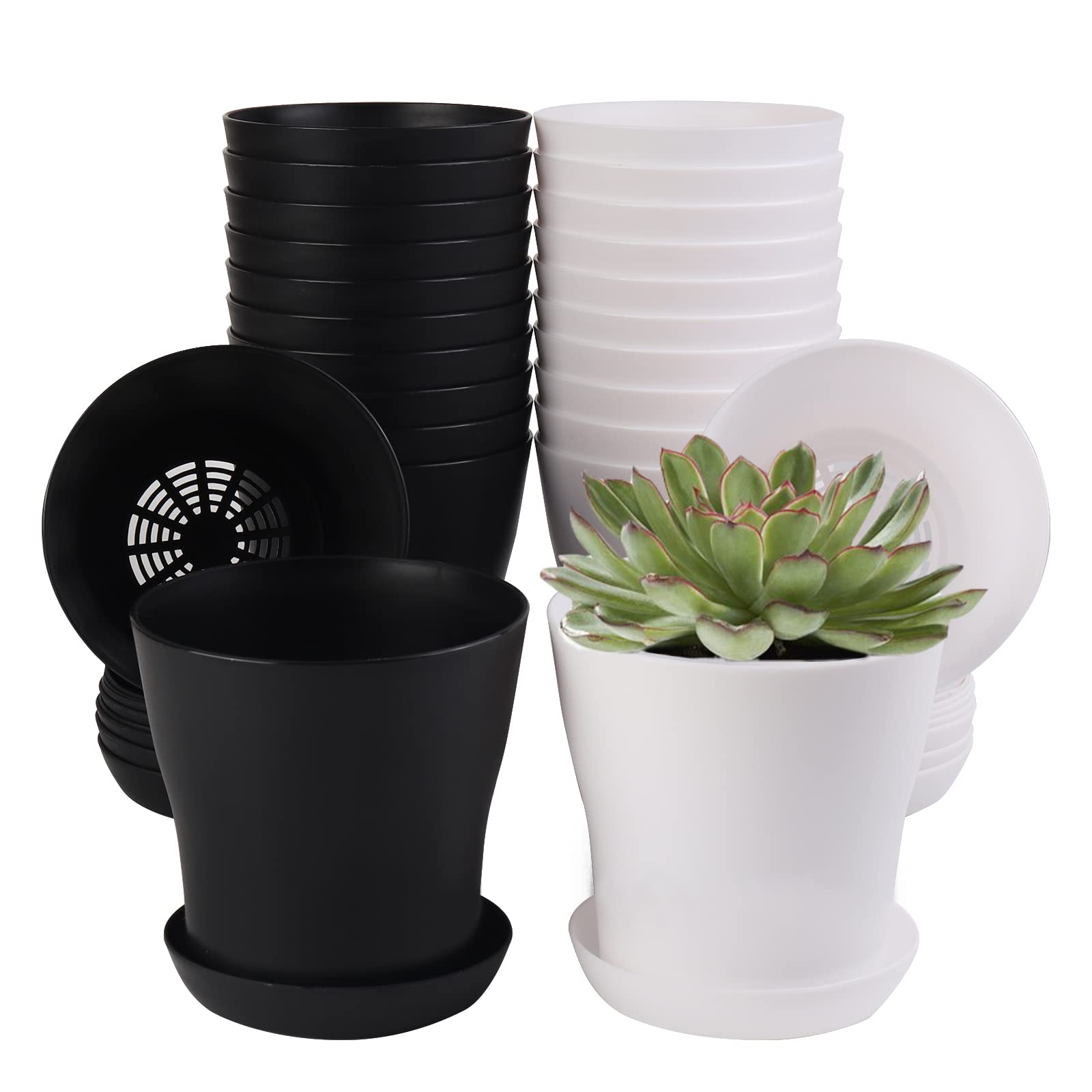 Happybase Nursery Pots, 24 Pack 4 Inch Plastic Plant Pot with Saucers, Flower Pots Small Planter for Outdoor Indoor Plants Gardening Containers (Black+White)
