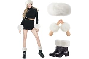 Liitrsh 3 Pieces Faux Fur Headband Set Earmuff Hat Fuzzy Short Wrist Warmers Boot Cuff Arm Warmers Accessories for Girls(White)